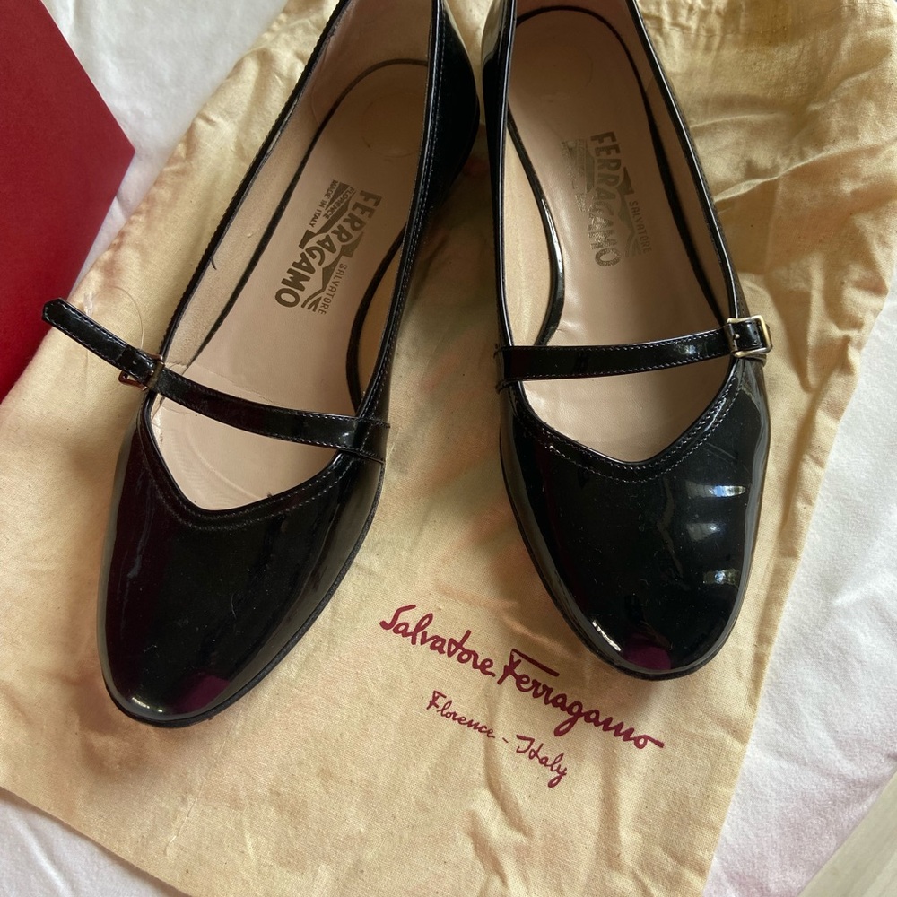 Salvatore Ferragamo Black Patent Leather Mary Jane Flats